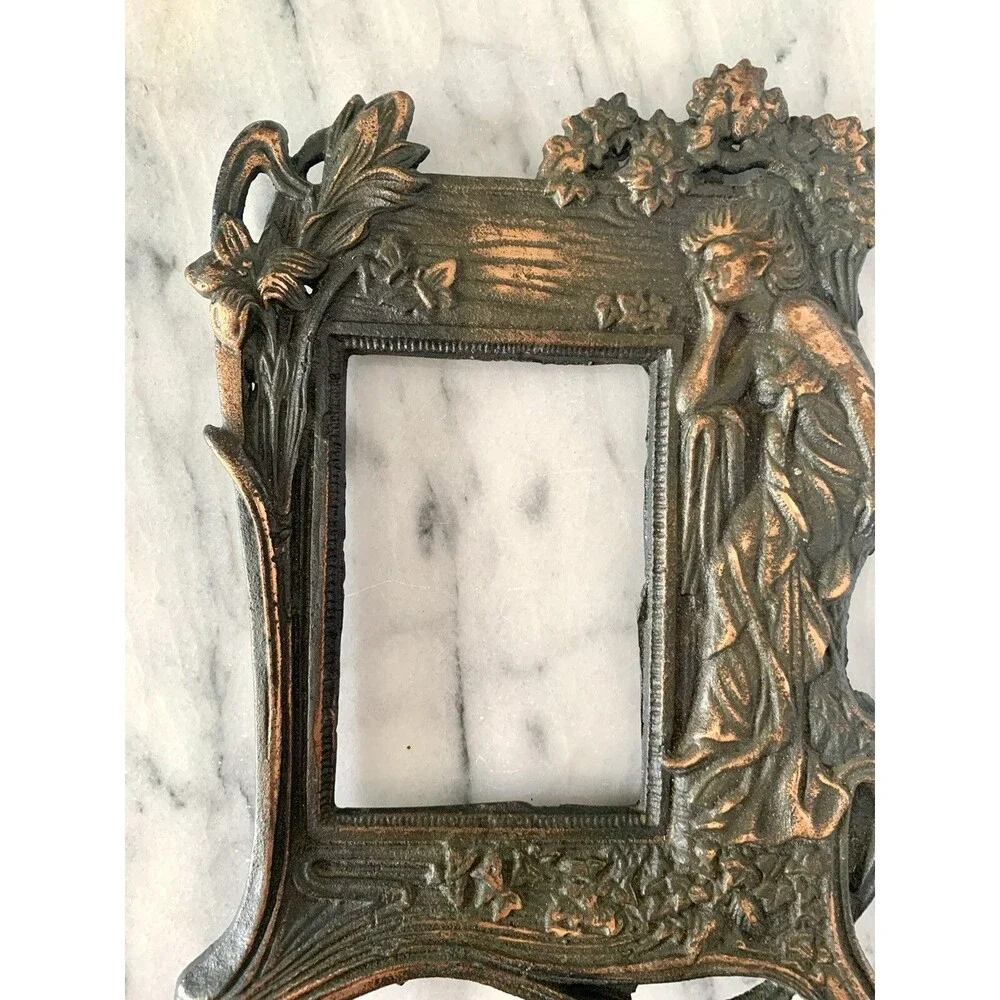 VTG Cast Iron W Copper Wash Photo Frame Art Nouveau Woman Floral w Stand